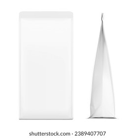 Vertical bag mockup. Flat bottom gusset bag. Front and side view. High realistic. Vector illustration isolated on white background. Ready for use in presentation, promo, advertising and more. EPS10.
