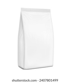 Vertical bag mockup. Flat bottom gusset bag. Half side view. High realistic. Vector illustration isolated on white background. Ready for use in presentation, promo, advertising and more. EPS10.