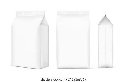 Vertical bag mockup. Flat bottom bag. Front, side, half side views. High realistic. Vector illustration isolated on white background. Ready for use in presentation, promo, advertising and more. EPS10.