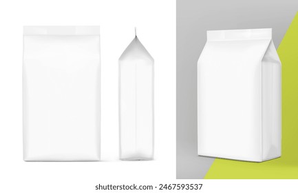 Vertical bag mockup. Flat bottom bag. Front, side, half side view. High realistic. Vector illustration isolated on white background. Ready for use in presentation, promo, advertising and more. EPS10.