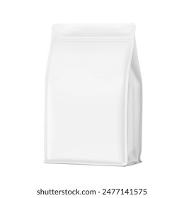 Vertical bag mockup. Flat bottom gusset bag. Half side view. High realistic. Vector illustration isolated on white background. Ready for use in presentation, promo, advertising and more. EPS10.