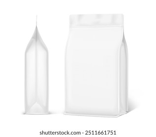 Vertical bag mockup. Flat bottom gusset bag. Half side and view. High realistic. Vector illustration isolated on white background. Ready for use in presentation, promo, advertising and more. EPS10.