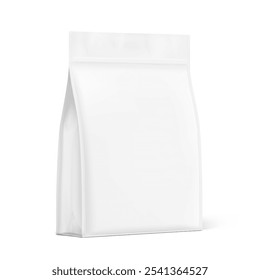 Vertical bag mockup. Flat bottom gusset bag. Half side view. High realistic. Vector illustration isolated on white background. Ready for use in presentation, promo, advertising and more. EPS10.