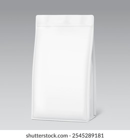 Vertical bag mockup. Flat bottom gusset bag. Half side view. High realistic. Vector illustration isolated on grey background. Ready for use in presentation, promo, advertising and more. EPS10.