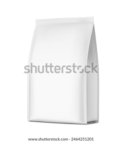 Vertical bag mockup. Flat bottom gusset bag. Half side view. High realistic. Vector illustration isolated on white background. Ready for use in presentation, promo, advertising and more. EPS10.