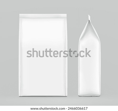 Vertical bag mockup. Flat bottom gusset bag. Front and side view. High realistic. Vector illustration isolated on grey background. Ready for use in presentation, promo, advertising and more. EPS10.