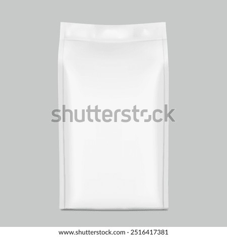 Vertical bag mockup. Flat bottom gusset bag. Front view. High realistic. Vector illustration isolated on grey background. Ready for use in presentation, promo, advertising and more. EPS10.