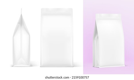 Vertical bag mockup. Vector illustration. Front, side and isometric view. Ready for your design. Perfect for the presentation of coffee, food, for pets, household, etc. EPS10.