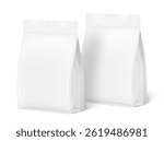 Vertical bag mockups. Flat bottom gusset bags with zipper lock. Half side view. Vector illustration isolated on white background. Ready for use in presentation, promo, advertising and more. EPS10.