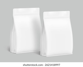 Vertical bag mockups. Flat bottom gusset bags with zipper lock. Half side view. Vector illustration isolated on grey background. Ready for use in presentation, promo, advertising and more. EPS10.