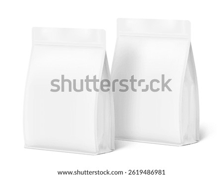 Vertical bag mockups. Flat bottom gusset bags with zipper lock. Half side view. Vector illustration isolated on white background. Ready for use in presentation, promo, advertising and more. EPS10.