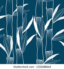 Vertical bamboo seamless pattern with dark blue navy and white color. Line art sketch style of bamboo leaf pattern. Beautiful Asian nature.