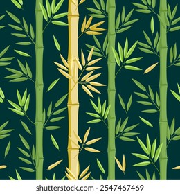 Vertical bamboo seamless pattern with with green and yellow color. Bamboo stalks. Bamboo leaf pattern on a dark background. Beautiful Asian nature.