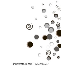 Vertical bands from scattered circles dots rings spirals. Abstract confetti vector background of flying rotating circular elements. Vector illustration. Decorations, paper packaging, textile design.
