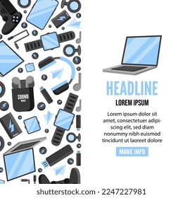 vertical baner on the topic of digital gadgets, modern electronics items.vector flat cartoon graphics