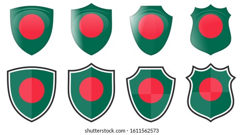 Vertical Bangladesh flag in shield shape, four 3d and simple versions.