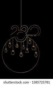vertical banner 2020 Happy New Year, Christmas bubbles gold single line style, minimalist round Christmas Balls with copy space, vector isolated on black background 