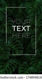 Vertical banner with 3d green leaves monstera on dark background. Vector illustration with copy space for your text in frame. Realistic template for stories, poster, banner, invitation card, ad. Eps10