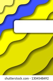 Vertical banner with 3D paper cut yellow layers diagonal waves abstract background size A4 with one blue band. Cover for business presentation, banner, poster, greeting card. Vector illustration.