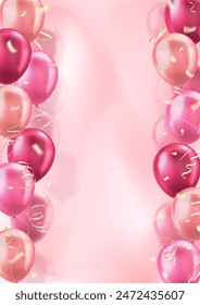 Vertical banner with 3d pink realistic glossy balloons and confetti on blurred background with blank space for greeting text. Poster for birthday, celebration party, sale, opening, holiday, wedding