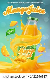 Vertical banner with 3D realistic advertising of mango juice, a bottle with mango juice among the splashes and a logo