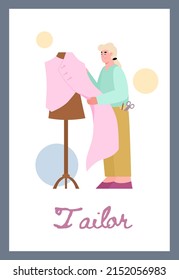 Vertical banner about tailor flat style, vector illustration. Woman tailor character checking clothing on mannequin, text, abstract circles. Dressmaking industry