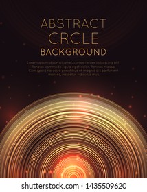 Vertical banner with abstract glowing background with concentric circles, glitter and space for text. Shine halos. Template with techno ring for slides, covers and your design.