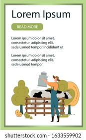 Vertical Banner Advertising Dairy and Milkman Work. Farmer Male Character Holding Metal Can. Cow Grazing behind Wooden Fence. Fresh Milk Production. Livestock and Cattle. Vector Illustration