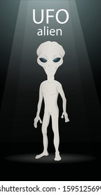 vertical banner alien stands on a dark black background in a circle of light for the design vector EPS 10