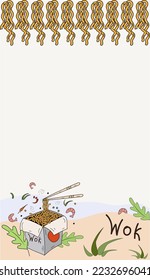 Vertical banner Asian food. Box with noodles. Chinese chopsticks raise noodles with shrimp, peppers, carrots, beans. Vector illustration for cover, menu, postcards, banner and social media post