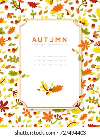 Vertical banner with autumn cute 3d paper cut design elements and square frame. Vector illustration. Floral natural shapes, flowers, berries and leaves. Chestnut, oak tree and acorn