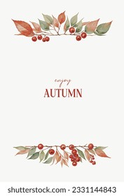 Vertical banner with autumn fall botanical elements at the top and bottom. Free space for text in the center. Vector illustration in watercolor style