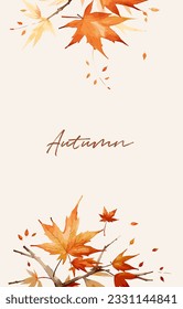 Vertical banner with autumn leaves frame. Free space for text on the center. Watercolor style vector illustration