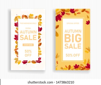 Vertical Banner Of Autumn Sale. Fall Sale Decorated With Dried Maple Leaf Suitable For E-commerce Application Splash Screen On Sale Event. Sale Poster Flyer Vector Template For Retail Shop.