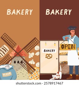 Vertical banner, background, bakery, hand drawn vector.