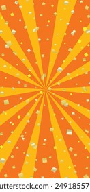 Vertical banner background with orange and yellow sunburst and gold leaf confetti