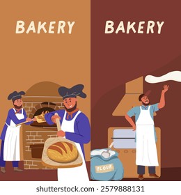 Vertical banner, background, people, men chef characters, cute, hand drawn style, oven, the process of baking, kneading dough,bakery, spatula, hand drawn vector.