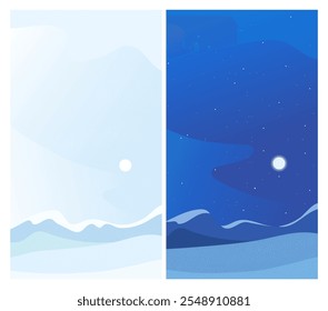 Vertical banner and background of winter mountains at night and during the day. Snowy mountains with stars and moon. A simple vector illustration in cool colors. Minimalistic vector