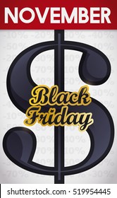 Vertical banner of Black Friday with a giant dark money symbol, golden text and discounts in the background for this offer's day.