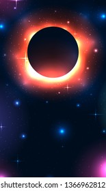 Vertical banner with black hole in space with stars and place for text. Space and Supernova. Vector template for articles, covers and your design. 