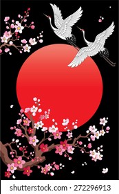 Vertical banner with a blossoming sakura branch, red circle - symbol of Japan and storks on a black background