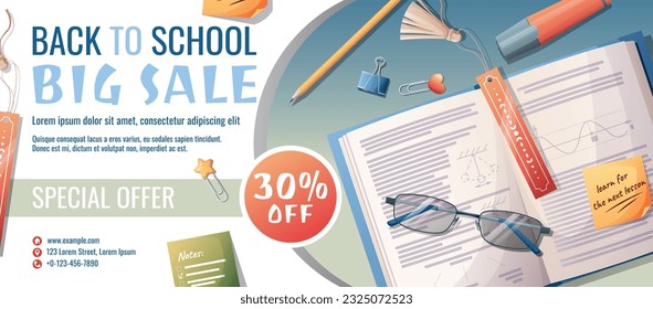 Vertical banner with book, bookmark, glasses and stationery. Books, bookstore, library. Back to school, study, education. Educational supplies scattered on the surface. Discount flyer with school item