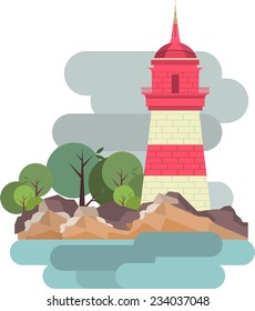 Vertical banner building a lighthouse on the background of sky and clouds in the afternoon