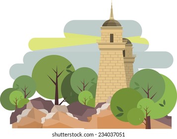 Vertical banner building a lighthouse on the background of sky and clouds in the afternoon