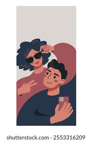 Vertical banner with cartoon modern people. Cute woman in sunglasses with a stylish man holding phone. Template for social media or cover.
