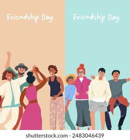 Vertical banner celebrating international friendship day concept. Group of young positive people doing high five together, young generation celebrating social event holiday vector illustration
