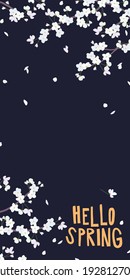 Vertical banner with cherry blossom branches. Vector sakura in a flat style. Spring design for greeting cards. Delicate flowers isolated on a black background.