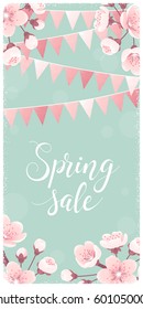 Vertical banner with cherry blossom, spring flowers, party flags. Spring sale lettering. Retro vector illustration. Bokeh background. Place for your text. Design for invitation, card, poster, flyer