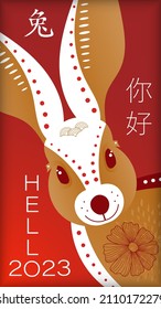 Vertical banner for Chinese New Year. Funny rabbit welcomes the new lunar year. Translation of hieroglyphs: Rabbit, Hello. Vector illustration.