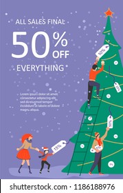 Vertical Banner for Christmas sale. People running after shopping, tearing off discount coupons from a Xmas tree. Vector illustration eps 10